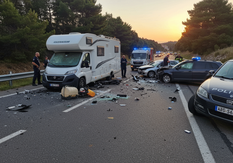 Late afternoon, around 18:30, on road DC 303 near Rovinj, Croatia, a chaotic scene unfolds after a severe multi-vehicle traffic accident involving five vehicles. A heavily damaged white camper van lies partially across the opposite lane, its fuel tank detached and resting on the asphalt nearby. Adjacent to it, a silver car with German license plates and an attached trailer shows significant front-end damage. A dark passenger car with Pula license plates is also damaged amidst the wreckage. Debris, shattered glass, and vehicle parts are scattered across the roadway. Croatian police vehicles are parked, and officers are assessing the extensive material damage at the accident site. The setting sun casts long shadows, highlighting the somber and serious nature of the aftermath.