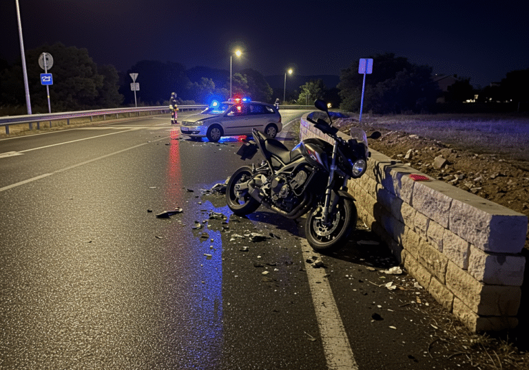 Teška nesreća u Vodicama: Motociklist i suputnik zadobili teške ozljede u sudaru na raskrižju Early morning, 00:25, August 17th, at an intersection in Vodice, Croatia. The immediate aftermath of a serious traffic accident. A severely damaged motorcycle is propped against a protective concrete and stone wall. On the asphalt road nearby, a passenger car shows significant front-end collision damage. Debris is scattered across the dark pavement. Beyond the wall, a distinct patch of earthen terrain is visible, indicating impact. The scene is dimly illuminated by the ambient streetlights, with distant emergency vehicle lights casting subtle blue and red reflections on the wet road surface. An editorial wide shot capturing the quiet and severity of the crash site.