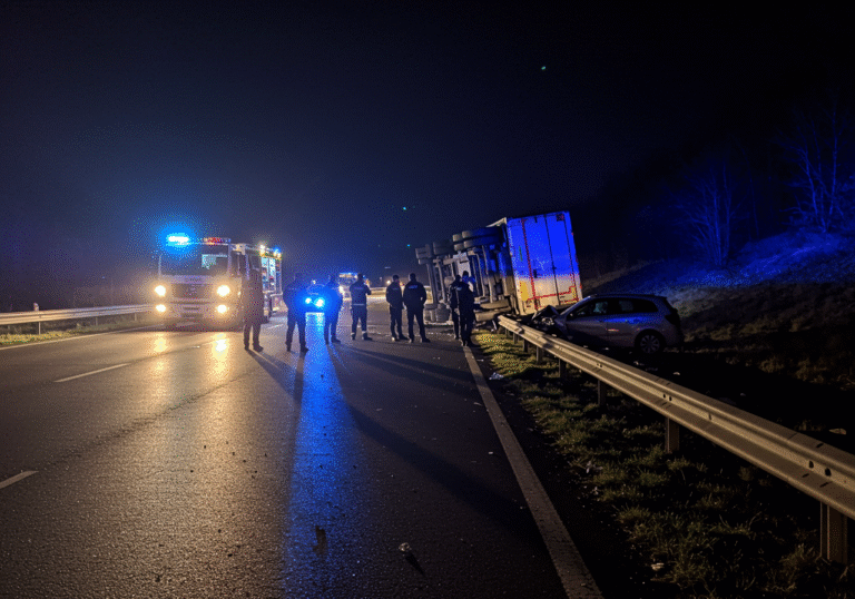 Late evening, just past 10 PM, on the Zagreb bypass in Croatia, specifically on the section between the Buzin and Lučko interchanges. A serious traffic accident scene is illuminated by emergency vehicle lights. A large truck lies overturned on its roof, resting against a roadside protective barrier. Nearby, a heavily damaged passenger car is visible. Croatian police officers in uniform are on scene, inspecting the wreckage, with flashing blue and red lights casting reflections on the dark asphalt. The air is cool and still.