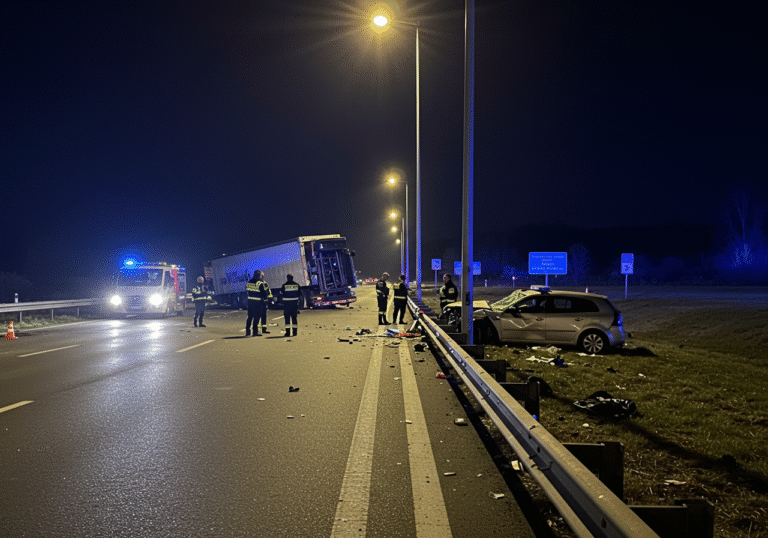Late evening on the Zagreb bypass, between the Buzin and Lučko interchanges, a severe traffic accident scene. An overturned truck, heavily damaged, rests against the highway's protective barrier. A significantly damaged passenger car is visible nearby. Croatian police officers are conducting an investigation under the artificial glow of streetlights and flashing emergency vehicle lights, which illuminate debris scattered across the asphalt. The atmosphere is somber, reflecting the gravity of the incident.