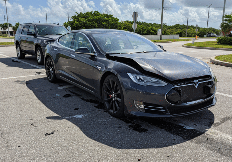 A heavily damaged 2019 Tesla Model S with its front severely crushed sits on asphalt at a sunny intersection in Key Largo, Florida. Nearby, a parked Chevrolet Tahoe displays significant impact damage on its side. Scattered debris is visible on the road surface under bright afternoon sun, characteristic of a spring day in the Florida Keys. The scene depicts the aftermath of a severe vehicular collision, with no people visible.
