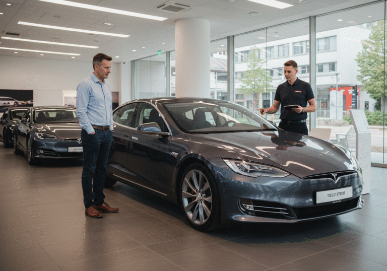 A potential customer in their mid-40s, dressed in smart business casual attire, stands attentively inside a brightly lit, modern Tesla showroom in a European city. They are observing a sleek, dark grey Tesla Model S sedan on a polished floor. Beside them, a male Tesla sales representative in his early 30s, wearing a neat uniform, calmly gestures towards a digital display or a tablet, his expression professional but subtly conveying limited options. Other Tesla vehicles are visible in the background, with a glimpse of modern European architecture through large glass windows, suggesting an urban environment in a country like Germany or Croatia. The atmosphere is quiet and contemplative, reflecting the current situation of temporarily suspended new orders.