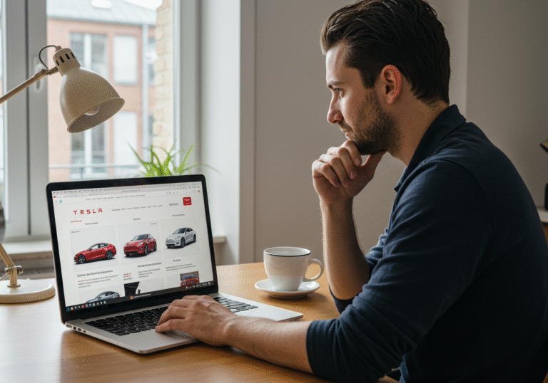 A candid, well-lit editorial photograph of a person in their late 30s, seated at a modern desk in a contemporary European apartment in early August. The person is looking intently at a laptop screen which prominently displays the official Tesla website. On the screen, the visual layout shows selections of pre-configured Tesla Model S and Model X vehicles from available stock, instead of the typical custom configuration options. The individual's expression is thoughtful, reflecting the unexpected change in purchasing options. Natural daylight streams through a nearby window, illuminating the scene, with a subtle glimpse of a modern European city street visible in the background, emphasizing the affected market.