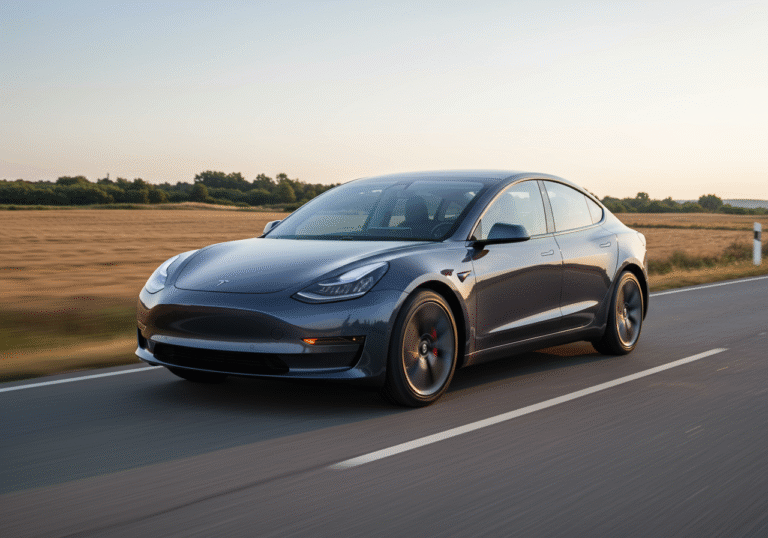 An updated Tesla Model 3 Long Range RWD electric sedan driving on a smooth asphalt road in the Croatian countryside on a clear afternoon. The sleek, modern vehicle is captured in motion, its refined design subtly conveying advanced technology and impressive long-range capability. Sunlight gently illuminates its contours.