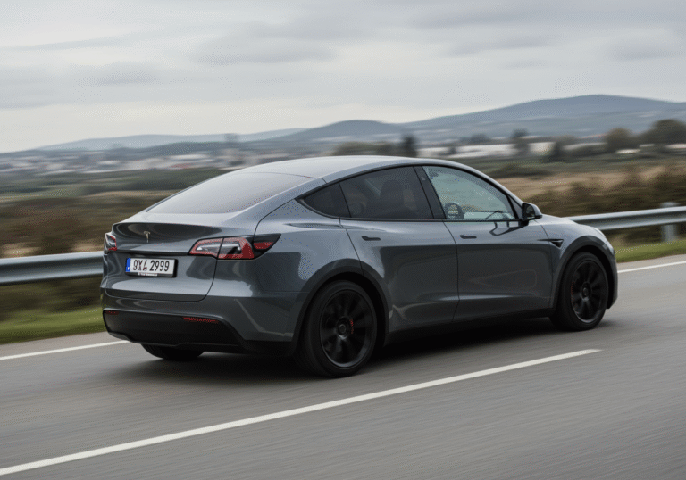 A prototype Tesla Model Y L with an extended wheelbase, featuring a distinctive rear spoiler, is test-driving on a modern asphalt road in a European setting during overcast daylight. The sleek electric SUV appears slightly longer than its standard counterpart, captured in a dynamic, editorial shot. Blurred scenery of generic European roadside elements or distant hills forms the background, emphasizing its ongoing trials across the continent.