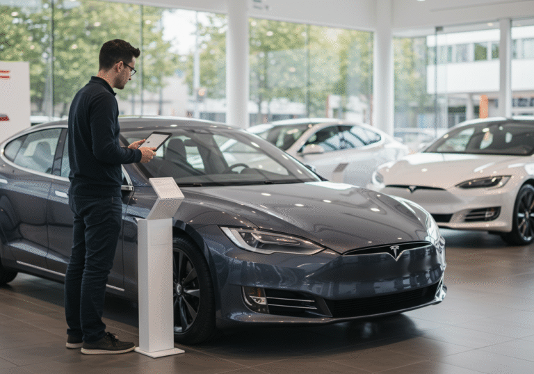 A clean, modern Tesla showroom in a European city. A potential customer, dressed in smart casual attire, stands thoughtfully beside a new, metallic grey Tesla Model S. Their gaze is directed at a digital screen or tablet they are holding, which displays a webpage with restricted configuration options for the vehicle. In the background, other pre-configured Tesla Model X vehicles are visible. Bright, natural daylight illuminates the showroom through large glass windows, suggesting a summer afternoon. The atmosphere is quiet, reflecting a shift in consumer choices.