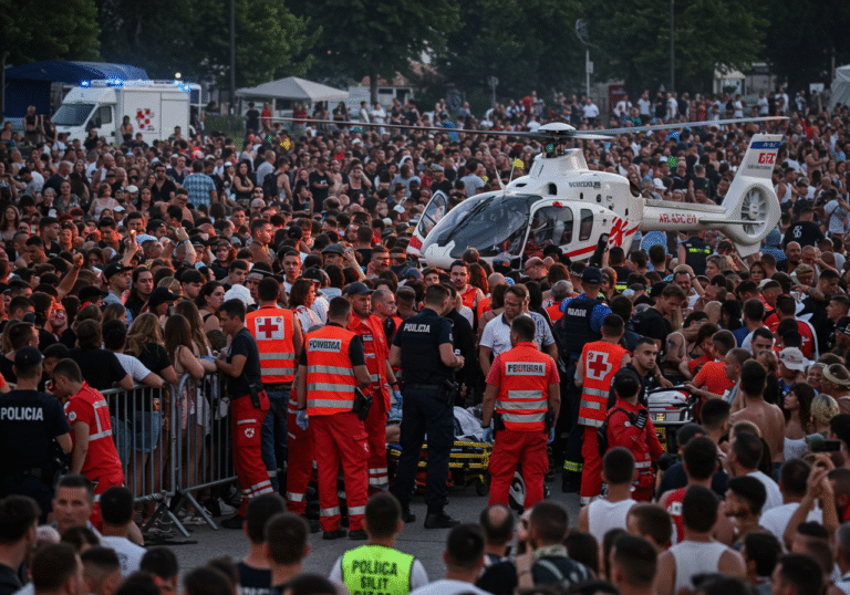 A chaotic scene in Sinj, Croatia, on the late afternoon of August 4, 2025, showcasing the severe strain on local emergency services during a massive public event. In the foreground, Croatian paramedics and Red Cross volunteers are urgently attending to an individual near the crowded perimeter of the event, with Croatian police officers actively managing a dense throng of concertgoers. In the mid-ground, a Croatian medical helicopter is visible either landing or preparing for departure, highlighting critical patient transport. The environment is overwhelmed with people and emergency vehicles, under a clear late summer sky.
