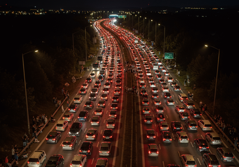 An expansive, elevated view of a multi-lane highway leading into or out of Sinj, Croatia, under a dark sky in the early morning hours of August 5, 2025. The road is completely gridlocked with an enormous traffic jam, stretching for kilometers. Thousands of cars and buses are bumper-to-bumper, their red tail lights glowing in long, unbroken lines, contrasting with the scattered white headlights. People are seen standing patiently beside their stalled vehicles, looking tired. The distant lights of Sinj are faintly visible on the horizon, hinting at the scale of the preceding concert.