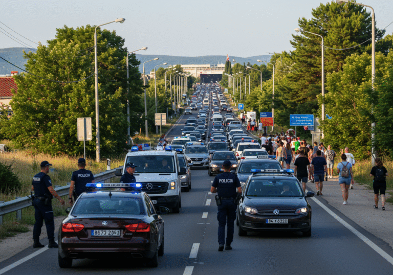 Morning on August 4, 2025, on a congested road leading into Sinj, Croatia. Several Croatian police officers, dressed in their distinct blue uniforms, are actively directing a dense line of cars and vans stretching far into the distance. Pedestrians, appearing as concert-goers, walk alongside the busy road, heading towards the distant Sinj Hippodrome, visible under a bright, clear summer sky. The scene depicts the significant traffic volume and the coordinated police efforts to manage the large influx of people and vehicles for a major event.