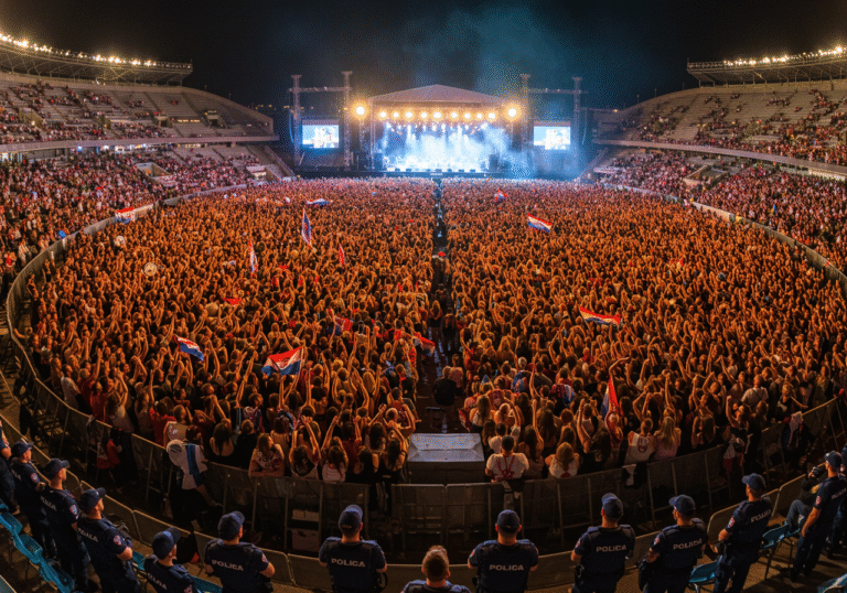A panoramic view of an immense crowd, estimated over 150,000 people, gathered at the Sinj Hipodrom in Croatia at night. Vibrant stage lights illuminate the vast sea of attendees, many with hands raised, creating an energetic and unified atmosphere celebrating Croatian heritage. A large concert stage is visible in the background, pulsating with light. Croatian police officers are positioned along the perimeter, maintaining order amidst the historical gathering.