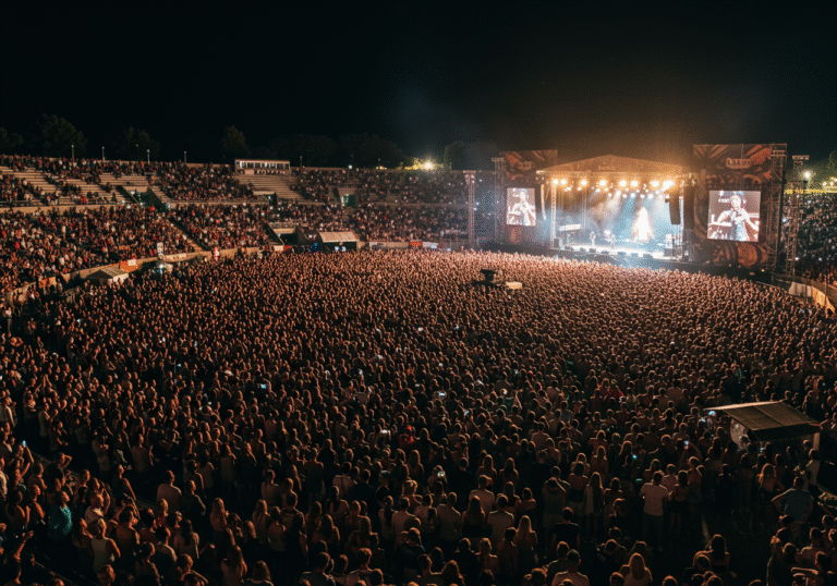 A wide-angle, slightly elevated night view of the Sinj Hippodrome in Croatia on August 4, 2025. The vast open-air venue is densely packed with an estimated 150,000 concert-goers. Bright, dynamic stage lights illuminate the area around the main stage where Croatian singer Marko Perković Thompson is performing, casting dramatic shadows. The immense crowd, a sea of heads, stretches into the distance under a dark, clear sky, with the glow of cell phone screens scattered throughout. The atmosphere is vibrant and overwhelming in its scale, reflecting a major public event extending into the early morning.