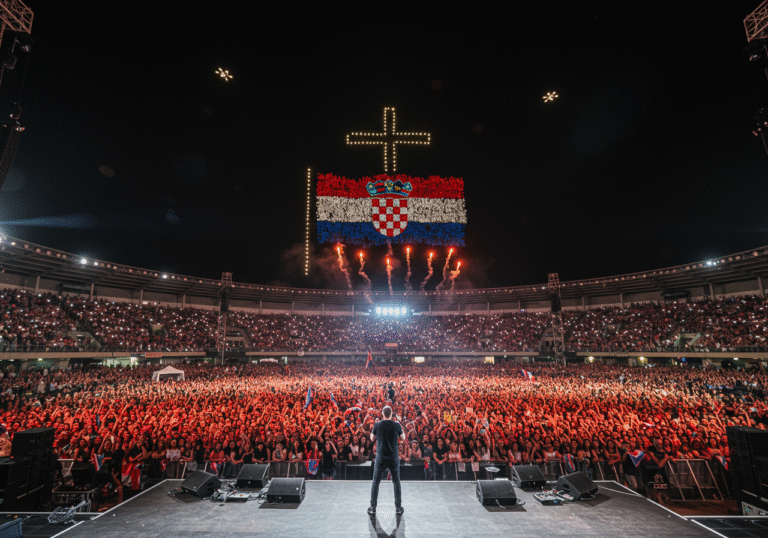 A massive outdoor night concert at the Sinj City Hippodrome in Croatia on August 4, 2025. The Croatian singer Marko Perković Thompson stands on a brightly lit stage, performing for an immense crowd of over 150,000 enthusiastic fans. The unified audience is actively singing along, their faces lit by stage lights and occasional bursts of pyrotechnics erupting above the stage. In the dark night sky above the hippodrome, an impressive drone show forms a glowing Croatian flag, a cross, and the outline of the Blessed Virgin Mary. The atmosphere is charged with national pride and emotion, with the vast crowd stretching into the distance under the illuminated sky.