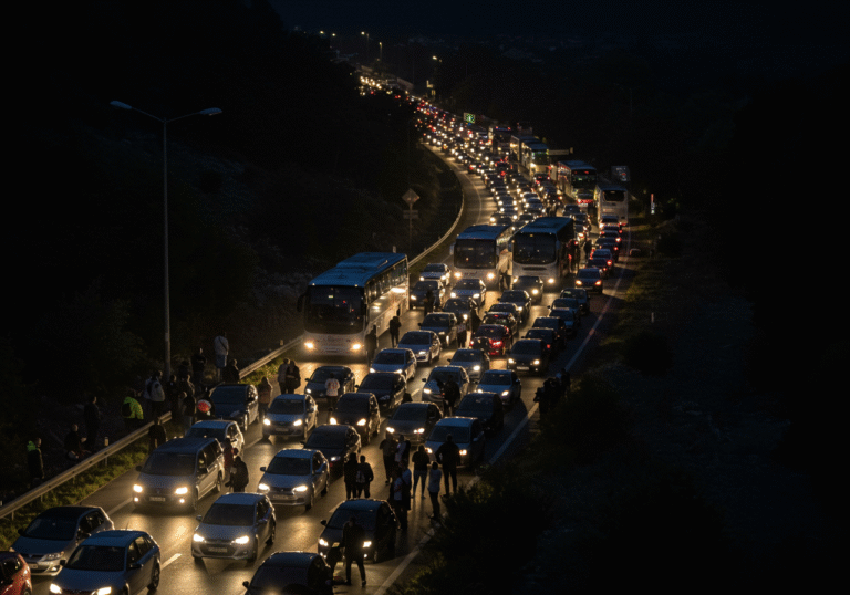 A vast, congested line of thousands of vehicles, including cars and buses, stretching into the distance on a road surrounding Sinj, Croatia, in the pre-dawn hours. Headlights and taillights illuminate the dark scene, highlighting the extensive traffic jam. Individuals, some appearing tired or frustrated, stand outside their vehicles or sit patiently within, part of the immense crowd of over 150,000 concert attendees attempting to depart after the Marko Perković Thompson performance. The atmosphere is quiet, marked by the slow, arduous movement of traffic.