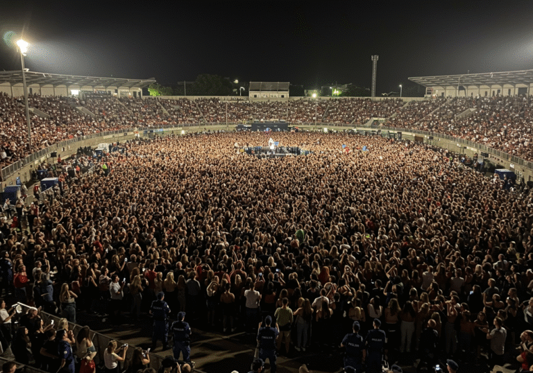 A wide, elevated view of the sprawling, densely packed crowd of approximately 150,000 attendees at the Marko Perković Thompson concert, late at night on August 4, 2025, at the Sinjski hipodrom in Sinj, Croatia. Bright stage lights cut through the darkness, illuminating thousands of faces turned towards the performance. Croatian police officers are visible maintaining order on the perimeter and within the crowd, their uniforms distinct under the ambient light. The scene captures the immense scale of the gathering, with distant headlights of vehicles hinting at the widespread traffic congestion around the city, under a dark, clear night sky.