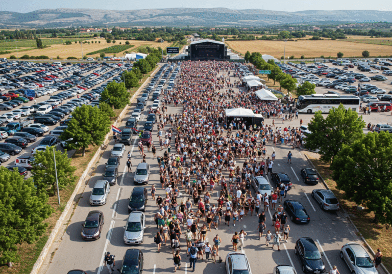 A wide-angle, slightly elevated shot of the Sinj Hipodrom area in Croatia on a bright, clear August afternoon. Thousands of people are seen moving in large groups towards the concert entrance, creating a dense, bustling pedestrian flow. Alongside, numerous vehicles, including cars and buses, are visible in slow-moving queues and designated parking areas on surrounding roads. Croatian police officers in standard dark blue uniforms are actively present, directing both vehicle and pedestrian traffic, ensuring order amidst the vast crowd. The rural Dalmatian landscape with distant hills forms the backdrop under a clear blue sky, showing the immense logistical scale of the event.