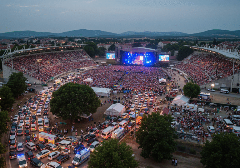 Wide shot of the Hipodrom in Sinj, Croatia, during Marko Perković Thompson's concert on the evening of August 4, 2025. Over 150,000 concert-goers fill the open-air venue, with a vibrant stage lit up in the distance. Beyond the immediate concert grounds, a massive traffic jam stretches for kilometers along the roads leading to and from the Hipodrom, with countless cars bumper-to-bumper, their headlights and taillights glowing in the fading light. Multiple Croatian police vehicles and ambulances with flashing emergency lights are actively navigating through or stationed near the gridlocked traffic and event perimeter, reflecting the significant emergency response and operational challenges.