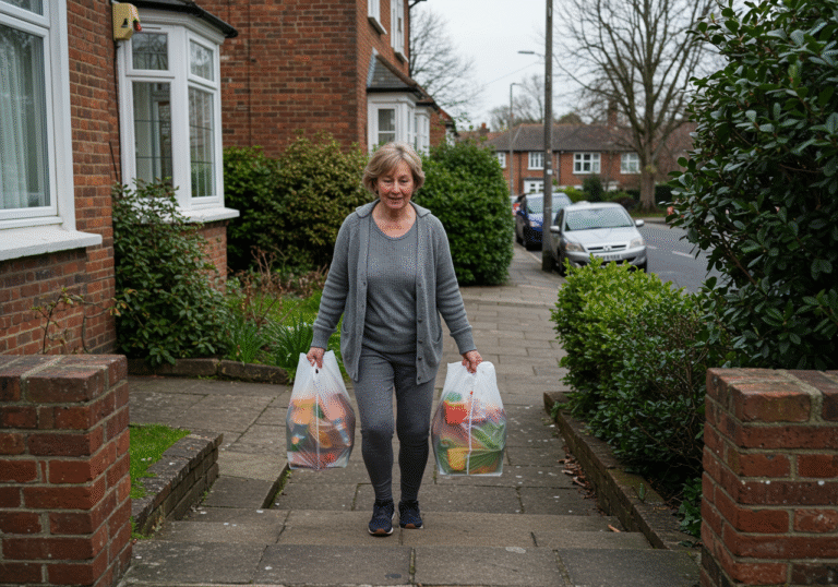 A resilient Caucasian woman in her early 60s, wearing practical, comfortable everyday clothing, carrying two bulging reusable grocery bags up three stone steps towards a traditional red brick house in a leafy British suburban street. Her expression shows focused effort, a slight flush on her cheeks, as she navigates the steps with determination. The scene is illuminated by clear, natural daylight, with well-maintained gardens and parked cars visible in the background, capturing a moment of everyday, brief physical exertion.