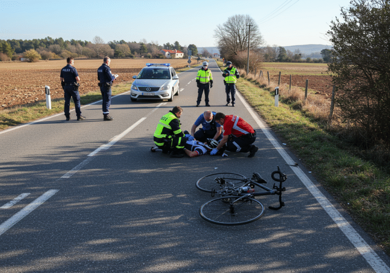 A solemn daytime scene on a paved rural road near Tinjan, Istria, Croatia. A 78-year-old Austrian male cyclist is on the ground, receiving immediate medical attention from paramedics. His road bicycle lies crumpled nearby on the asphalt. A passenger car with Pula license plates is stopped a short distance away. Croatian police officers are present, securing the accident site and documenting details. The Istrian landscape, with its characteristic low stone walls and sparse vegetation, is visible under clear, bright daylight along the road between Baderna and Pazin.