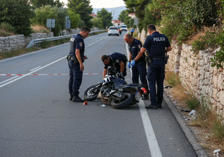Early morning light illuminates State Road D-121 in Tisno, Dalmatia, Croatia. A single motorcycle, displaying Koprivnica license plates, lies on its side on the asphalt, indicative of a recent collision. Several Croatian police officers, dressed in their dark blue uniforms, are meticulously investigating the scene. One officer is seen examining a point on the road surface near the fallen vehicle. The surrounding environment features typical dry stone walls and Mediterranean vegetation under a clear August sky.