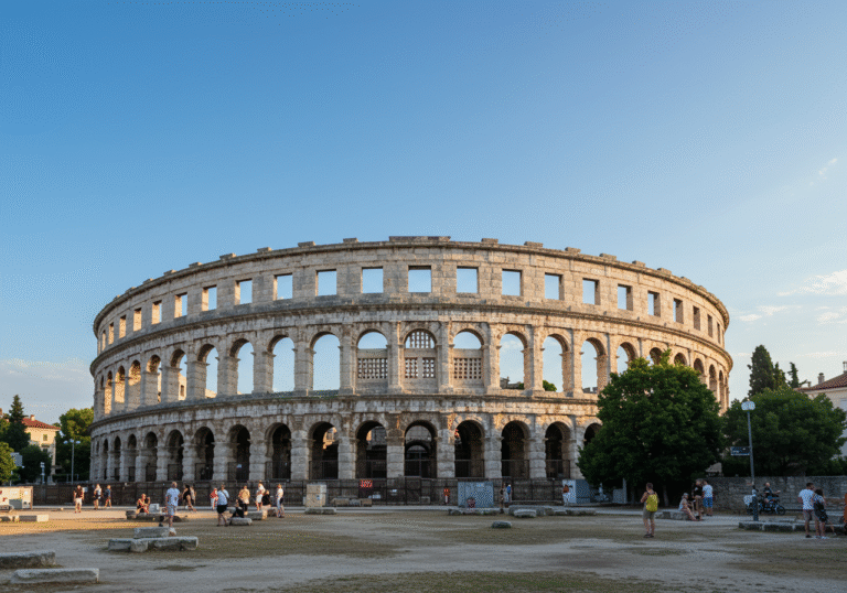 A wide, daytime shot of the ancient Pula Arena in Pula, Croatia, under a clear summer sky. The grand Roman amphitheater, known as a premier concert destination, stands prominently, representing the site of the upcoming, highly anticipated, and rapidly sold-out concert by Croatian musician Tony Cetinski. The image conveys the immense public demand that led to the release of additional tickets for the ground floor parterre section. Editorial photography, natural light.
