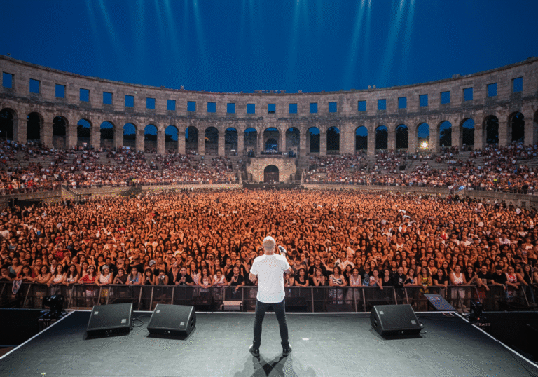 Tony Cetinski, a Croatian music icon, performing an energetic live show on stage within the historic Pula Arena in Croatia. The vast ancient Roman amphitheater is completely packed with a sold-out crowd, including a dense audience on the central lawn area. Dynamic stage lighting illuminates the scene under a night sky, highlighting the singer and the sea of enthusiastic faces. The atmosphere is electric, capturing the immense public interest for his concert on Saturday, August 30, 2025.