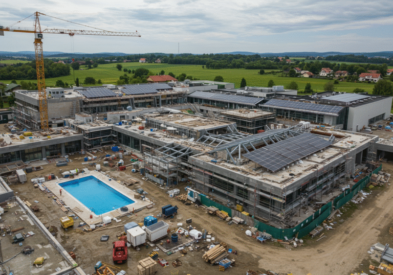 An expansive exterior view of the Lječilište Topusko health resort complex in Topusko, central Croatia, under significant modernization. Construction cranes and scaffolding are visible around parts of the hotel complex undergoing renovation, alongside the framework of new wellness, SPA, and congress facilities being erected. Sections of outdoor pools are visible under reconstruction. On one of the new structures, a bank of photovoltaic solar panels is being installed. The scene is set on a bright, slightly overcast day, capturing the active construction phase of the multi-million Euro project, with the lush green landscape of Sisačko-moslavačka County in the background.