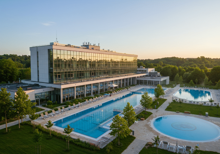 A wide exterior view of the modernly renovated Lječilište Topusko spa complex in Sisak-Moslavina County, central Croatia, bathed in bright, soft morning light. The sleek architecture of the Hotel Toplica building, with its contemporary facade and large glass sections, dominates the scene, reflecting the lush green landscape. In the foreground, newly reconstructed outdoor swimming pools with clean, clear water are visible, surrounded by pathways and lounge areas. A discreetly visible section of rooftop solar panels from the new photovoltaic power plant can be seen, emphasizing energy efficiency. The scene conveys a sense of a high-standard, four-star wellness and tourism destination, bustling with an inviting atmosphere under a clear Croatian sky.