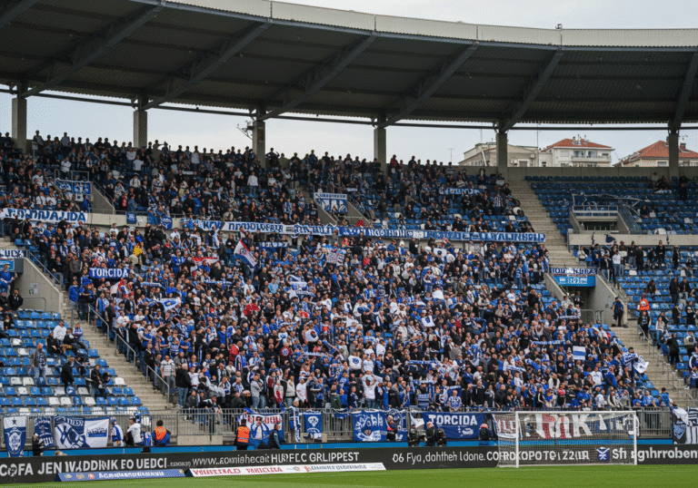 A wide, atmospheric view of the iconic Poljud stadium in Split, Croatia, during a daytime football match. The stadium is filled with a large crowd, focusing on the passionate sections of Torcida, the Hajduk Split fan group, wearing their club colors of blue and white. Many fans are standing, some with Croatian flags displayed in the stands. The scene captures a charged atmosphere of anticipation and intense emotion among the supporters, with the unique architecture of the Poljud stadium visible in the background.