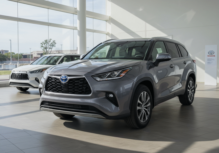 A newly unveiled, sleek all-electric Toyota Highlander SUV prominently displayed under bright, natural daylight in a spacious, modern North American car dealership showroom. A new electric Toyota sedan is subtly visible in the background, hinting at an expanded lineup. The setting conveys a professional, clean, and forward-looking atmosphere, reflecting Toyota's significant shift towards electrification.