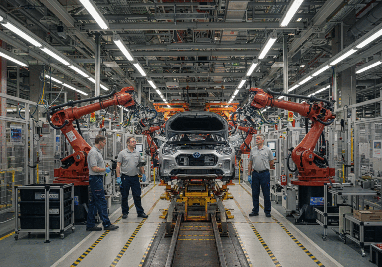 A wide, bright editorial photograph inside a state-of-the-art Toyota automotive production plant in Kolín, Czech Republic. Advanced robotic arms and automated machinery are actively assembling sleek new electric vehicles on a meticulously clean assembly line. Several skilled engineers and technicians in professional work attire are observing the sophisticated process with focused expressions, overseeing the innovative manufacturing. The vast, high-ceilinged industrial space is bathed in a combination of bright natural light from large windows and efficient overhead lighting, highlighting the modern, high-tech environment. The scene conveys a sense of precision, efficiency, and future-forward innovation in automotive manufacturing.