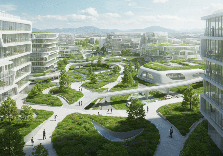 An editorial-style wide shot of Toyota Woven City in Susuno, Shizuoka Prefecture, Japan, on a bright day. The futuristic urban landscape features eco-conscious modern architecture seamlessly integrated with abundant green spaces and pedestrian-friendly pathways. Advanced mobility infrastructure is subtly visible throughout the city. A small group of individuals, representing researchers or future inhabitants, are observing or walking within the clean, thoughtfully designed environment, reflecting the city's purpose as a living laboratory for innovation and sustainable living. Natural daylight illuminates the scene, highlighting the city's commitment to human-centered design and ecological harmony.