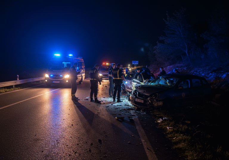 A somber late evening scene on Croatian State Road DC 106 in Kolan on the island of Pag, showing the immediate aftermath of a severe traffic accident. Two heavily damaged passenger vehicles with foreign license plates are visible on the asphalt and roadside. Several uniformed Croatian police officers are actively conducting an investigation, illuminating specific areas with flashlights as they meticulously examine the scene. Flashing blue and red emergency lights from police vehicles cast a dramatic glow over the damaged cars and the surrounding road. The atmosphere is tense and focused, under the dark night sky.