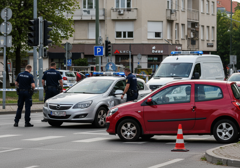 A police investigation unfolds on a bright morning in Novi Zagreb, Croatia, at the busy intersection of Avenija Dubrovnik and Ulica Savezne Republike Njemačke. A silver Opel Astra and a red Renault Twingo are prominently featured, showing visible material damage from a recent collision. Several uniformed Croatian police officers are meticulously examining the vehicles and the surrounding street, documenting the scene. Traffic cones and police tape delineate the accident area, while the morning sunlight illuminates the urban environment.