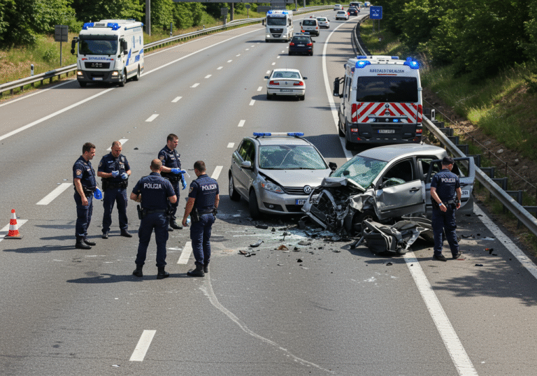 A somber mid-day scene on the A3 motorway in Croatia, between Okučani and Novska, looking towards Zagreb. The wreckage of two passenger vehicles is visible on the asphalt, with one vehicle having impacted another that was stopped in a queue. Croatian police officers from the Sisak-Moslavina Police Department are meticulously investigating the scene. An ambulance and a tow truck are parked nearby. Traffic cones and barriers delineate the closed section of the motorway, causing significant traffic redirection under bright sunlight.