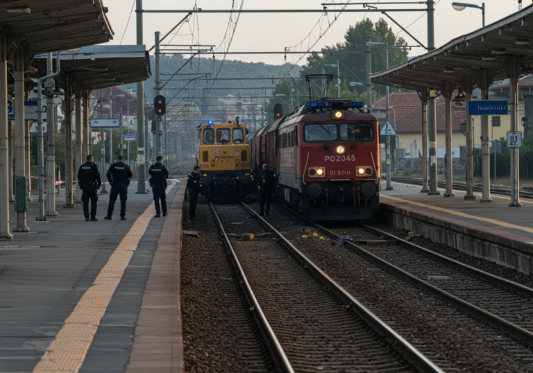Early morning light illuminates the railway station in Oriovac, Brod-Posavina County, Croatia. Several Croatian police officers in dark blue uniforms are actively investigating the scene around a railway work machine and a locomotive with a single wagon on the tracks. The atmosphere is somber and serious, reflecting a recent incident, with the railway line temporarily halted. Distant station buildings and signal posts are visible under the calm morning sky.