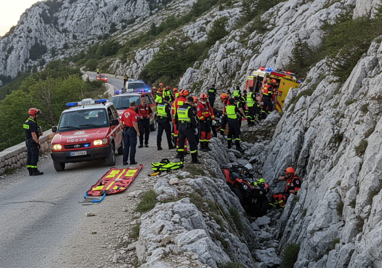Croatian Mountain Rescue Service (HGSS) members in their standard uniforms are actively involved in a complex rescue operation on a steep, rugged section of Velebit mountain, near the entrance to Sjeverni Velebit National Park, during a late afternoon. Two HGSS off-road vehicles are parked on a narrow, unpaved mountain road. The scene reveals the aftermath of a quad vehicle accident, with some wreckage visible near the edge of a deep, 37-meter ravine. The natural light of the late afternoon casts long shadows over the challenging terrain, emphasizing the somber atmosphere of the rescue effort.