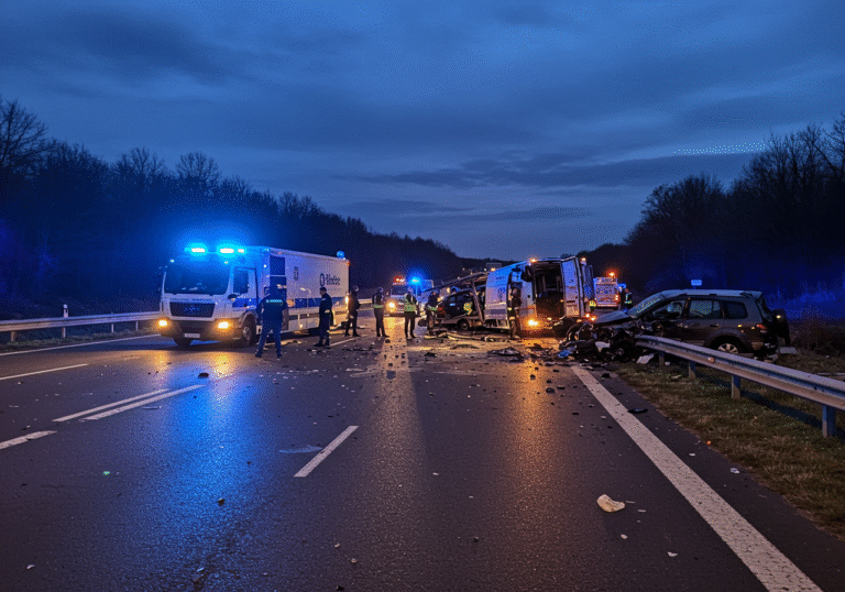 Evening twilight descends on the A4 highway in Croatia, near the Popovec interchange. The scene is one of a major, tragic multi-vehicle collision. The highway is completely closed, and the atmosphere is somber with chaotic elements. Croatian police vehicles with flashing blue lights intensely illuminate the extensive wreckage. An overturned large commercial van, which had been towing a trailer loaded with several cars, lies on its side across the lanes. Adjacent to it are a mangled motorcycle and two passenger cars, one appearing heavily flattened from the severe impact. Debris is scattered widely across the asphalt. Croatian police officers are observed securing the area and beginning their on-scene investigation.