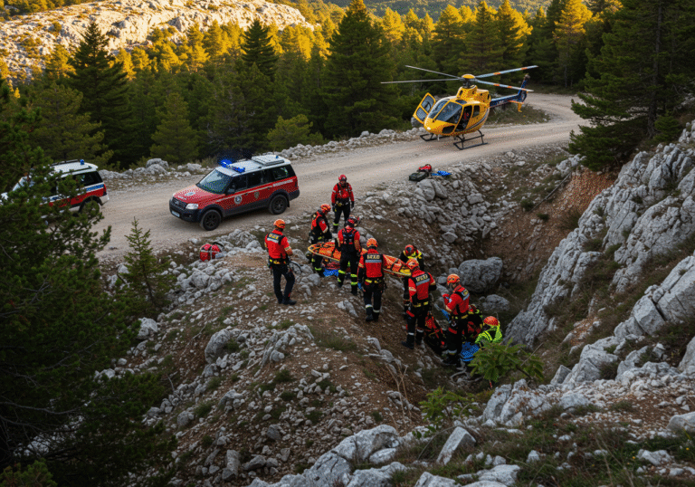 Peaceful late afternoon in the rugged, forested landscape near the entrance of Sjeverni Velebit National Park, Croatia. Eight Croatian Mountain Rescue Service (HGSS) members, wearing their distinctive rescue uniforms, are actively involved in a challenging operation near a steep, deep ravine. Two HGSS off-road vehicles are parked on an unpaved track nearby. A medical helicopter is visible either preparing for departure or just lifting off, with the somber and focused HGSS team below. The natural light of the afternoon sun casts long shadows over the rocky, uneven terrain, emphasizing the difficulty of the rescue.