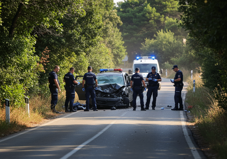 A somber late afternoon scene on a rural road near Bale, Istria, Croatia, on July 31, 2025. A severely damaged passenger vehicle is visible off the road, partly obscured by dense Mediterranean scrubland and trees. Several uniformed Croatian police officers are present, meticulously investigating and documenting the accident site, their expressions serious. The warm, slanting light of the late afternoon casts long shadows across the dusty road and surrounding terrain, emphasizing the gravity of the incident.