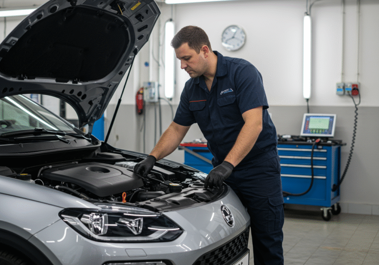 A professional Croatian automotive technician, wearing a dark blue work uniform and gloves, meticulously examines components under the hood of a sleek, modern electric car in a brightly lit, clean service workshop in Croatia. The vehicle is parked on a smooth, industrial concrete floor, with specialized tools and diagnostic equipment neatly arranged on a workbench in the background. The technician's face shows concentration and expertise, highlighting the growing skill in handling electric vehicles. The scene has a quiet, efficient atmosphere typical of a contemporary repair facility.