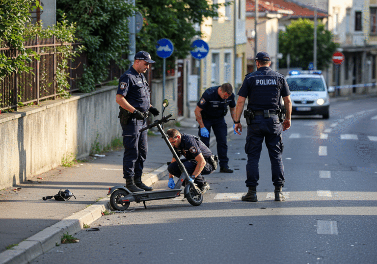 Daylight scene on Fažanska cesta in Croatia. A crumpled electric scooter lies on the roadside pavement. Croatian police officers in their official uniforms are meticulously examining the asphalt road and surrounding area, evidence of an ongoing investigation into a recent hit-and-run. The late morning sun casts natural light, highlighting the details of the quiet, incident-marked street.