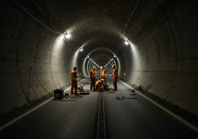 An editorial photograph inside the Sveti Ilija Tunnel in Splitsko-dalmatinska County, Croatia. The concrete walls of the tunnel, part of state road D76 connecting Bast in Baška Voda with Rastovac in Zagvozd through the Biokovo massif, are dimly lit by the tunnel's regular lighting mixed with brighter, focused industrial work lights. A team of Croatian road workers, wearing high-visibility safety vests and hard hats, are actively engaged near an open manhole on the asphalt road, examining or working on the drainage system. Tools and specialized equipment are laid out around them on the tunnel floor. The scene has a serious, focused atmosphere, typical of a critical infrastructure maintenance project.
