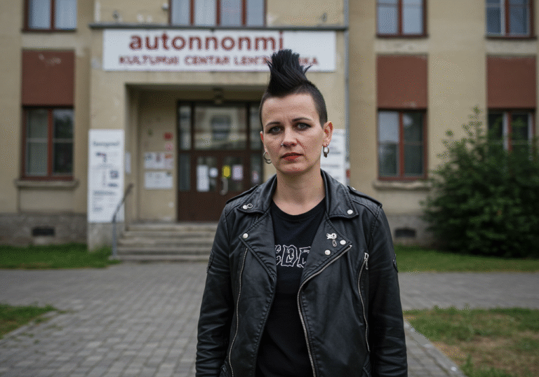 A somber, natural light editorial photograph of 36-year-old Sonja Hranjec, a prominent activist, punker, and frontwoman of the band Abergaz, in front of the Autonomni kulturni centar Medika on Pierottijeva Street in Zagreb, Croatia. It is Sunday afternoon, July 27, 2025, following a tragic incident. She stands with a serious expression, dressed in punker attire, against the backdrop of the former pharmaceutical factory building, now a key center for Zagreb's subculture. The scene has a gritty, documentary feel.