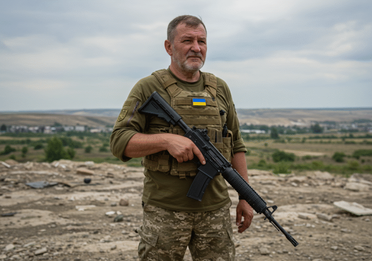 An experienced Ukrainian military instructor named Ihor, wearing standard combat fatigues and carrying a rifle, stands on the rugged, war-torn landscape of the Eastern Front in Ukraine. His face shows a determined, resolute expression, reflecting his long fight since 2014 and his unwavering refusal to cede Ukrainian territory. The sky above is overcast, casting a diffused, natural light over the scene. The immediate surroundings are scarred by conflict, conveying the ongoing struggle in August 2025 and the strong Ukrainian rejection of any territorial exchange.
