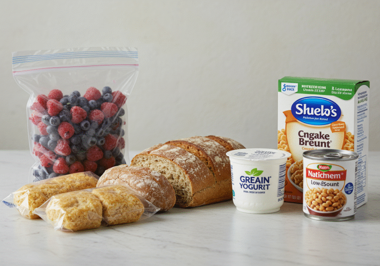 A clean, brightly lit kitchen counter or laboratory table features a curated selection of food items for a nutritional study. On one side, a clear bag of frozen mixed berries, a rustic loaf of whole-grain bread, a container of plain unsweetened Greek yogurt, and a generic can of low-sodium beans are neatly arranged. On the opposite side, a brightly colored, generically packaged sugary snack cake or a processed cereal box, devoid of any discernible brand labels. The scene is lit with soft, even light, suggesting an objective, editorial focus on contrasting food choices and their processing implications.