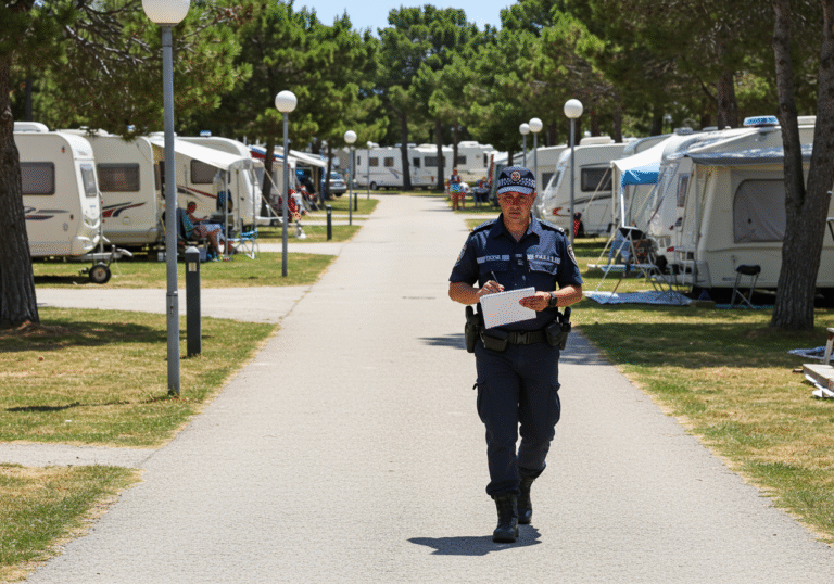 A Croatian police officer in a blue uniform walks along a paved path within a large, modern tourist camp in Umag, Croatia, on a bright, sunny July afternoon. The officer holds a notepad, appearing to review case notes. In the background, various campers, tents, and leisure facilities are visible, indicating the busy summer season at the camp.