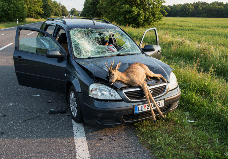 A passenger car is severely damaged on a rural road connecting Bjelovar and Daruvar in the Croatian countryside, near the turn-off for Crnaja lake in Končanica. The car's front windshield is completely shattered and caved inward. Inside the vehicle, a deceased roe deer is visible, its body resting on the dashboard or front seats, indicating the powerful impact. The car is pulled over to the shoulder of the road, surrounded by green summer foliage and tall grass typical of a Central European rural landscape in August. It is early afternoon, around 1:40 PM, with clear, bright natural light illuminating the scene, depicting the stark aftermath of the unusual collision.