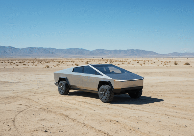 A Tesla Cybertruck, its sharp, unpainted stainless steel body reflecting the intense sunlight, stands isolated on the vast, sandy terrain of White Sands Missile Range in New Mexico, USA. The arid desert landscape stretches far into the background under a clear, bright blue sky. The scene conveys the stark, functional atmosphere of a military test and training ground, with the futuristic vehicle appearing incongruous against the rugged environment.
