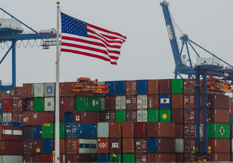 An early morning scene at a large, bustling container terminal in an American port on August 7, 2025. Towering stacks of shipping containers, some bearing the flags or markings of various countries from around the world, are being moved by gantry cranes. A US flag flies prominently in the foreground. The overall atmosphere conveys a moment of significant global economic change as new US tariffs on imports from over 90 nations officially take effect.