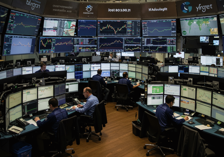 A wide, editorial-style shot of a bustling trading floor in a global financial center during daylight hours. Numerous currency traders and financial professionals are intently focused on multiple high-definition monitors displaying complex charts, real-time economic data, and live fluctuating exchange rates for the US Dollar, Euro, and Japanese Yen. Some individuals are seen discussing market trends with colleagues, while others appear deeply concentrated on their screens. The atmosphere is intense and professional, reflecting the dynamic nature of global financial markets reacting to central bank policy expectations and economic indicators, with a subtle emphasis on the weakening US currency.